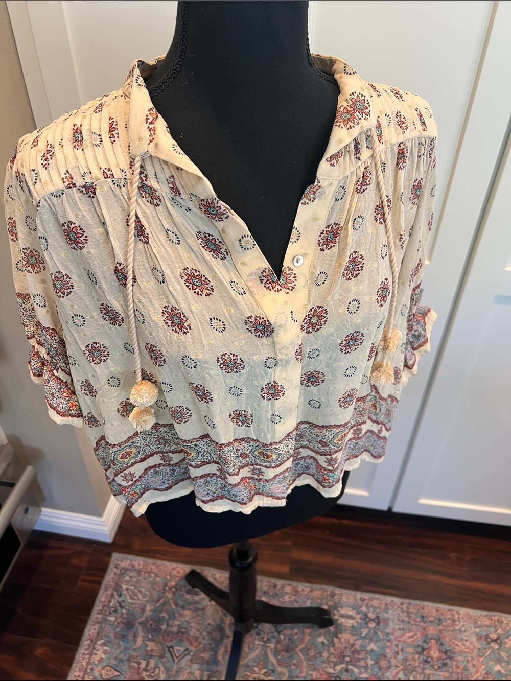 Zara Cream Boho Printed Peasant Blouse with Tassels - Picture 8 of 9